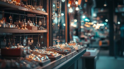 Jewelry shop display with sparkling necklaces and lights