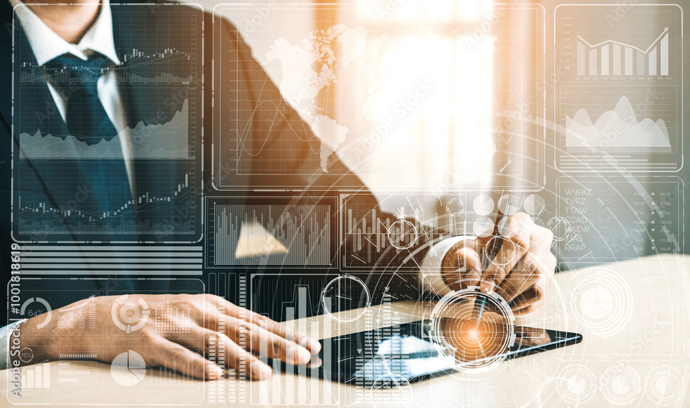 Poster data analysis for business and finance concept. interface showing future computer technology of prof