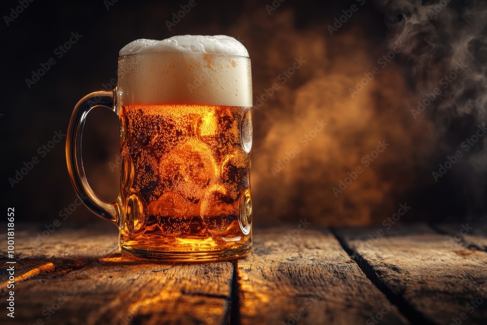 Aufkleber A frothy beer mug overflowing with foam sits on a rustic wooden table against a warm, inviting backdrop. Generative AI