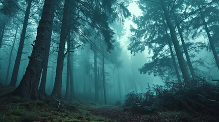 Obraz premium A path winds through a dense forest, shrouded in a thick, ethereal fog. The tall trees stand like sentinels, their branches reaching towards the hazy sky.