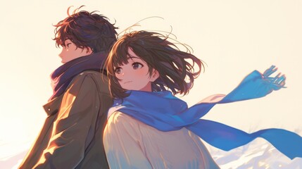 Adorable couple sitting together, with the girl in a white sweater and blue scarf, while the boy in a brown coat 