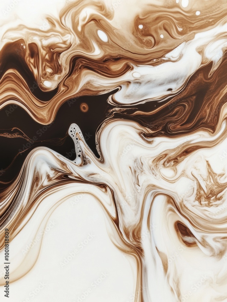 Poster Swirling coffee blends seamlessly with milk, creating captivating abstract patterns in a warm, inviting setting. Generative AI