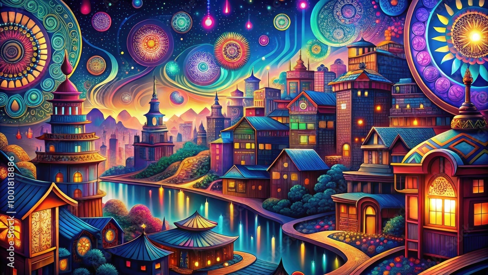 Poster intricate magnified graphic of abstract patterns with vibrant colors and complex textures in detail