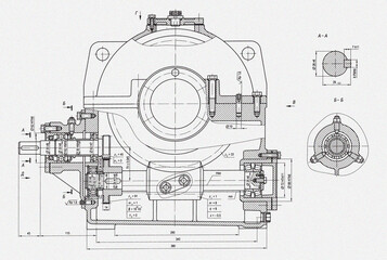 Obraz premium Engineering mechanical pencil drawing of steel devices (reducer, gearbox, engine) with dimension lines. Industrial cad scheme on white paper sheet. Technology background. Machine template.