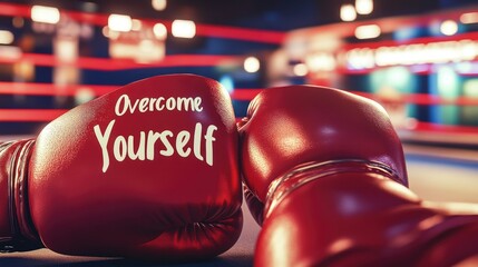 Red boxing gloves with motivational message in boxing ring, evening lighting, concept of sport