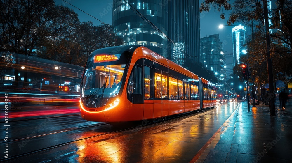 Sticker Modern orange tram with glowing lights travels through a wet city street at night with tall skyscrapers in the background.