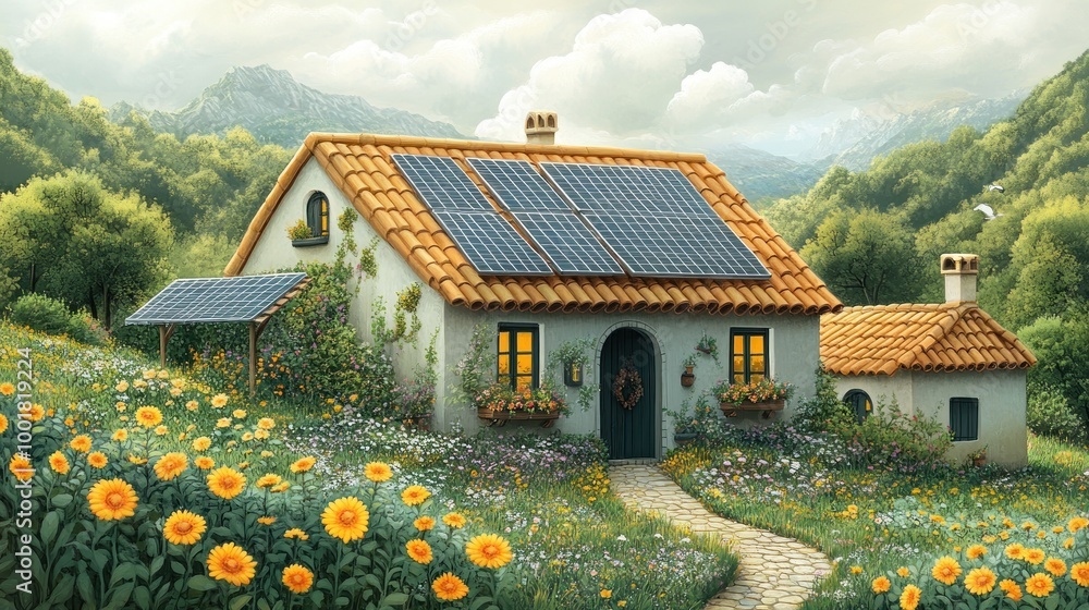 Wall mural A charming cottage with solar panels on the roof, nestled in a field of sunflowers.