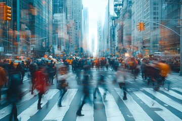 Dynamic Urban Life: Blurred Crowds Navigate a New York City Intersection