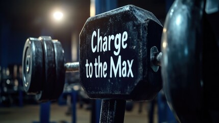 Close-up of dumbbell with motivational text in a gym setting, emphasizing dedication and fitness in sport