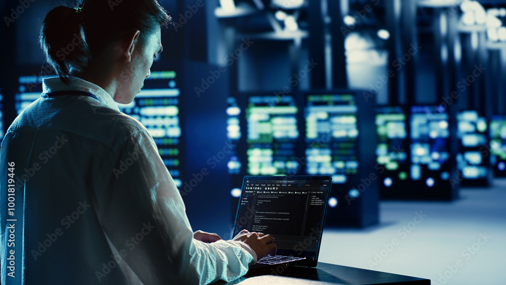 Poster certified admin running code and programming on laptop, troubleshooting and upgrading server hub equ
