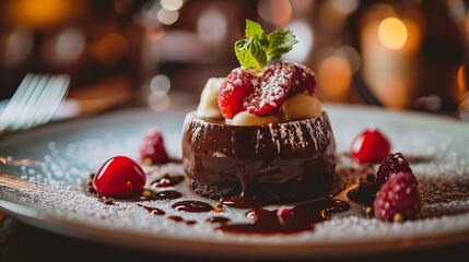 A decadent chocolate dessert topped with fresh raspberries, a sprig of mint, and powdered sugar. The rich, dark chocolate is drizzled with a sweet sauce, creating a beautiful and tempting display.