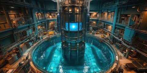 Overview of a nuclear power plant's fusion reactor core emitting blue light in a water tank with ongoing work in the facility