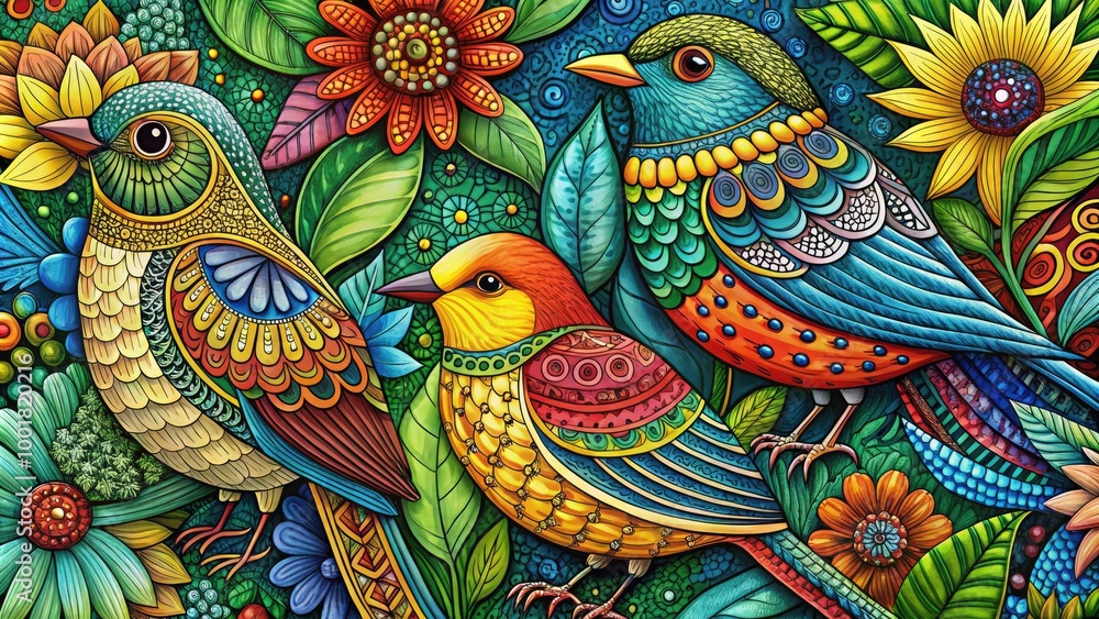 Poster intricate zentangle style birds in artistic patterns with detailed line work and creative design