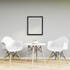 Mockup frame on table in living room interior on empty white wall background. 3D Rendering