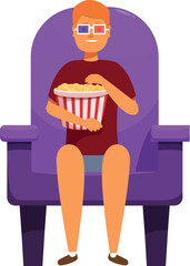 Young man is sitting in a movie theater armchair, wearing 3d glasses and eating popcorn