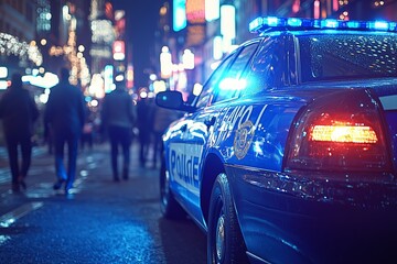 Nighttime Urban Safety: Police Car Siren Lights Amidst City Street Life