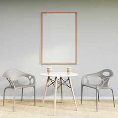 Mockup frame on table in living room interior on empty white wall background. 3D Rendering