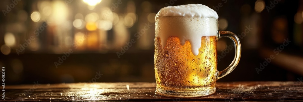 Aufkleber A frothy beer mug overflowing with foam sits on a rustic wooden table in a warm, inviting tavern atmosphere. Generative AI