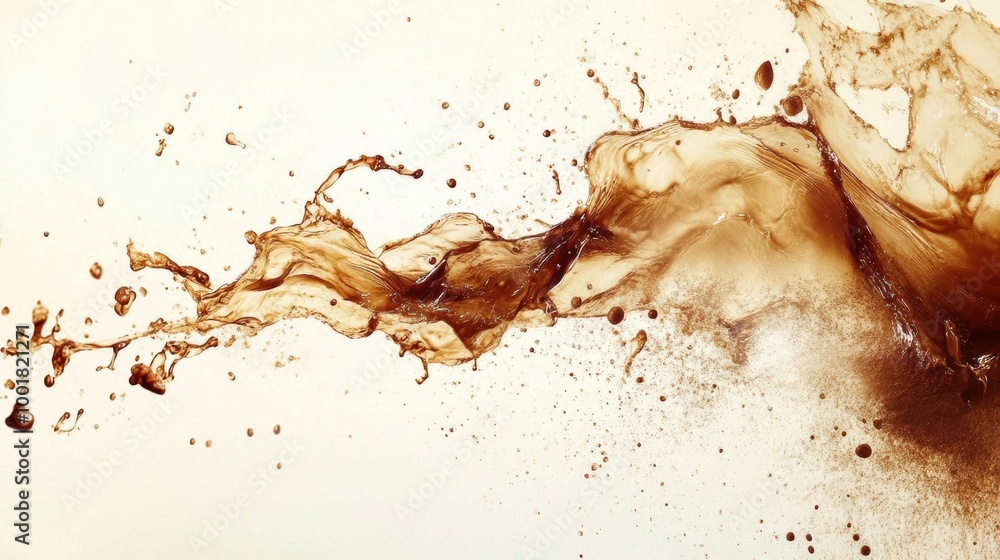 Poster Artistic representation of spilled coffee stains and splashes creating an abstract background with earthy tones and dynamic motion. Generative AI