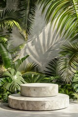 Fototapeta premium A serene indoor oasis with layered concrete, lush foliage, and soft afternoon light. Generative AI
