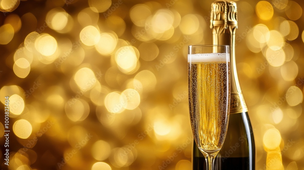 Poster elegant bottle of champagne beside a flute filled with sparkling wine against a shimmering golden ba