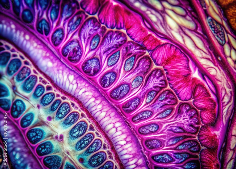 Poster labeled duodenum tissue sample under microscope showing detailed cellular structure and anatomy