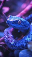Beautiful blue snake curled around branch showcasing its natural habitat picture