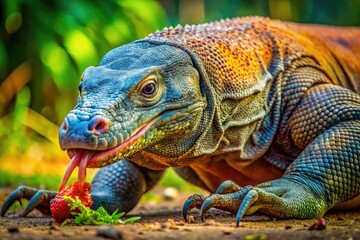 Fototapeta premium Komodo dragon feasting on prey in its natural habitat showcasing wild behavior and feeding habits