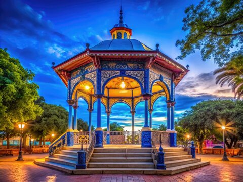 Kiosco hist&oacute;rico en el Parque Central de Juchit&aacute;n de Zaragoza, Oaxaca durante una tarde azulada
