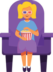 Young girl is enjoying a 3d movie experience, comfortably seated in a cinema chair with her popcorn