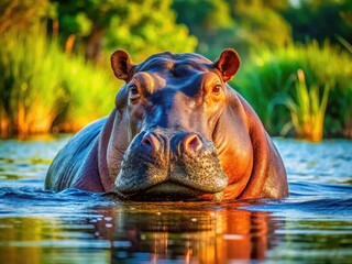 Fototapeta premium Large hippo relaxing in the water under the warm sun, showcasing its massive body and playful nature