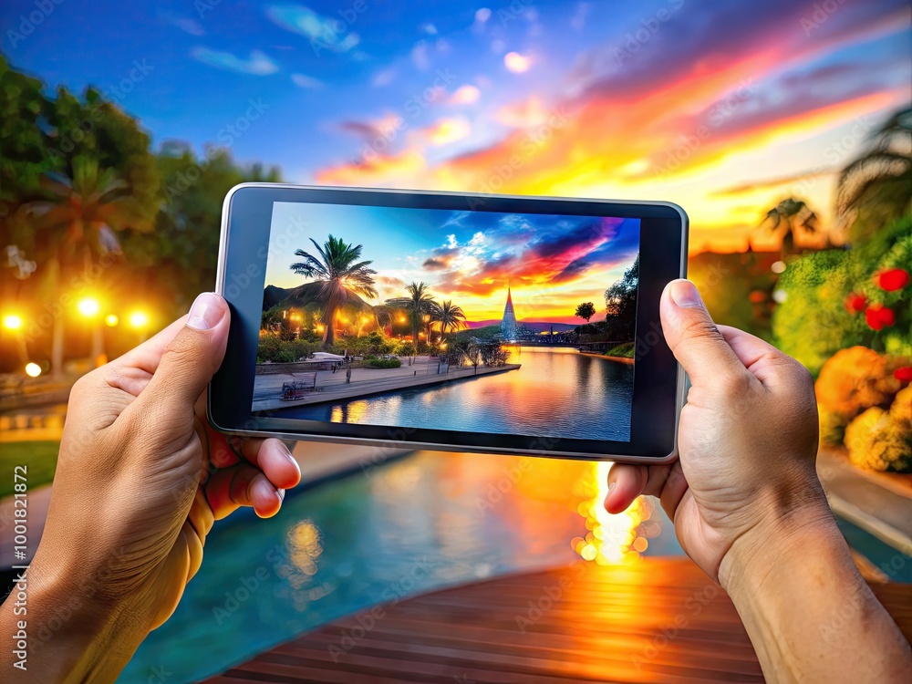 Aufkleber launching a play video feature on a modern digital device in a bright and engaging environment