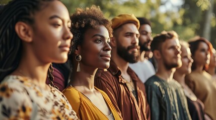 A diverse group of people stand side-by-side, gazing into the distance with hopeful expressions. The warm sunlight illuminates their faces, creating a sense of unity and optimism.