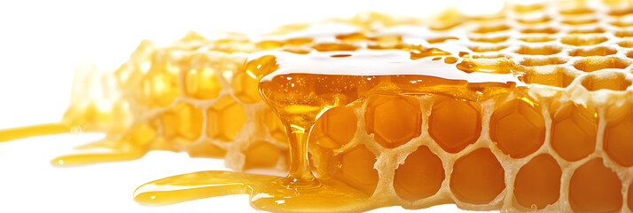 Sweet honeycombs with honey, isolated on white background - close-up of golden honey dripping over hexagonal honeycomb cells, natural organic sweetness concept for culinary and health-themed designs