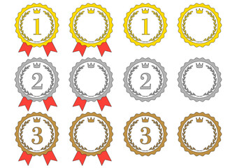 月桂樹と王冠の金銀銅のメダルのフレームイラストのセット_線画
