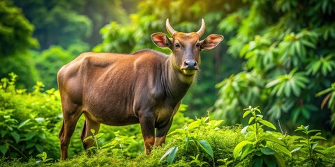 Fototapeta premium Lowland Anoa in Natural Habitat: Endangered Bovine Species from Southeast Asia Amidst Greenery