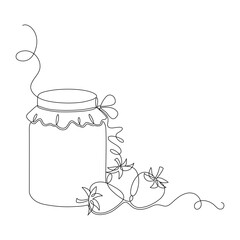 Jam jar and strawberry berry drawing with one continuous line. Linear silhouette, hand drawn in minimalism. Vector editable outline