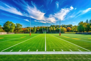 Lush Green Football Field Background with Markings and Goalposts Under a Clear Blue Sky