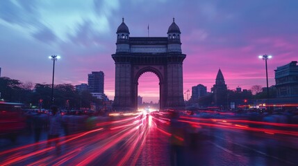 Majestic Gateway of India at Dusk with Vibrant Light Trails