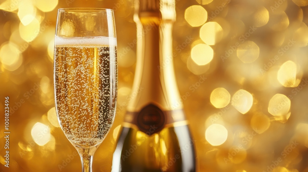 Poster Celebrate life with a bottle of champagne and a flute filled with sparkling wine against a backdrop of shimmering lights. Generative AI