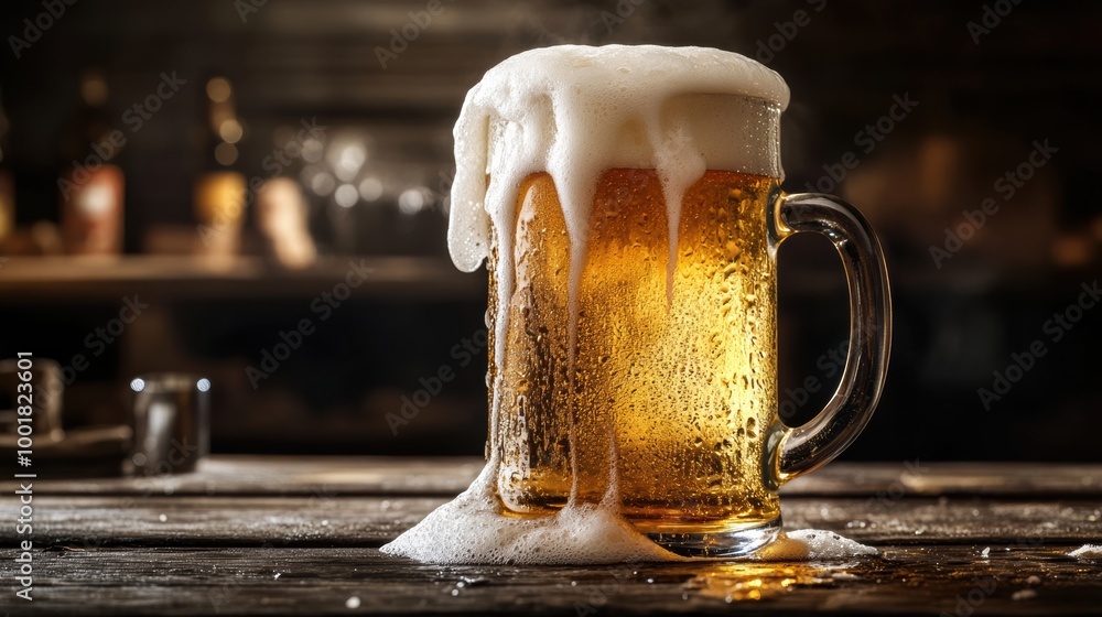 Poster Frothy beer mug overflowing with foam on a rustic wooden table in a cozy bar setting. Generative AI