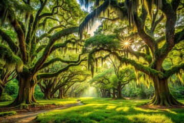 Lush Green Trees Covered with Moss in a Serene Forest Scene of South Carolina's Natural Beauty
