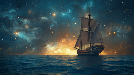 Obraz premium Columbus and the Stars, showcasing celestial navigation, with copy space, Columbus Day