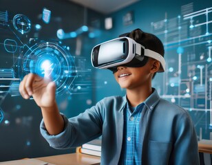 A young boy in a virtual reality headset interacts with a digital interface