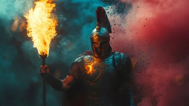 spectacular stunning spartan warrior holding fire torch surrounded by thick dark smoke Seamless looping 4k time-lapse virtual video animation background.