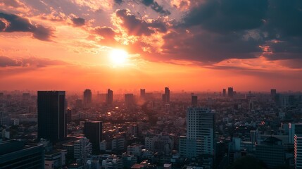 Fototapeta premium A stunning sunset over a cityscape, with the sun shining through the clouds, casting an orange glow over the buildings.