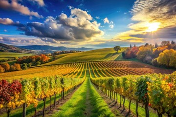 Naklejka premium Lush Vineyard Landscape with Rows of Grapevines Under a Bright Blue Sky on a Sunny Day