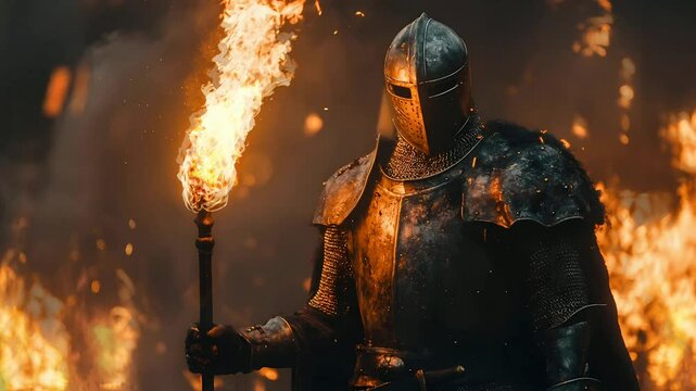 spectacular knight warrior holding fire torch surrounded by thick dark smoke Seamless looping 4k time-lapse virtual video animation background.
