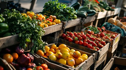 Vibrant and colorful display of fresh produce at a local market, featuring yellow bell peppers, tomatoes, and citrus fruits.