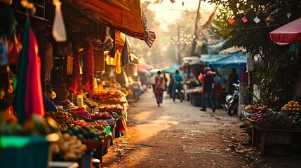 Obraz premium A bustling street market in Southeast Asia, filled with vibrant colors and delicious looking produce.